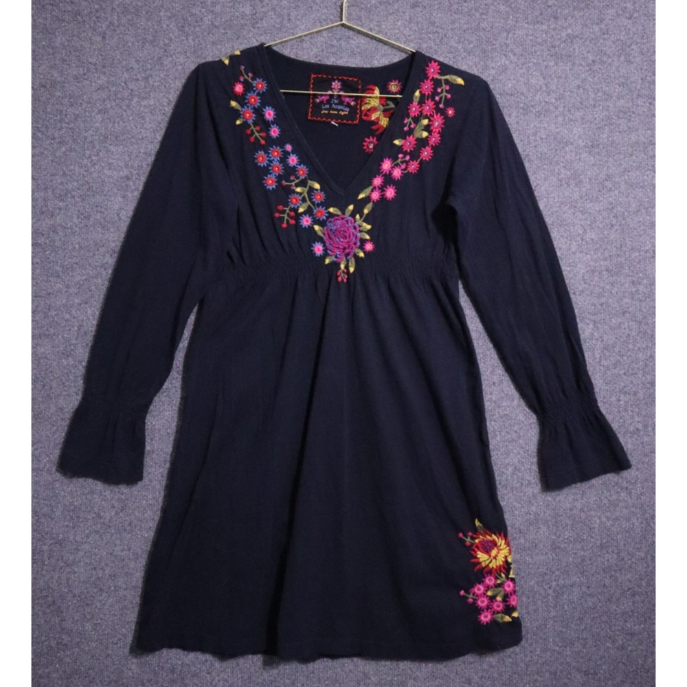 Johnny Was Dress Women Large Dark Navy Blue Long Sleeve Mini Embroidered EUC